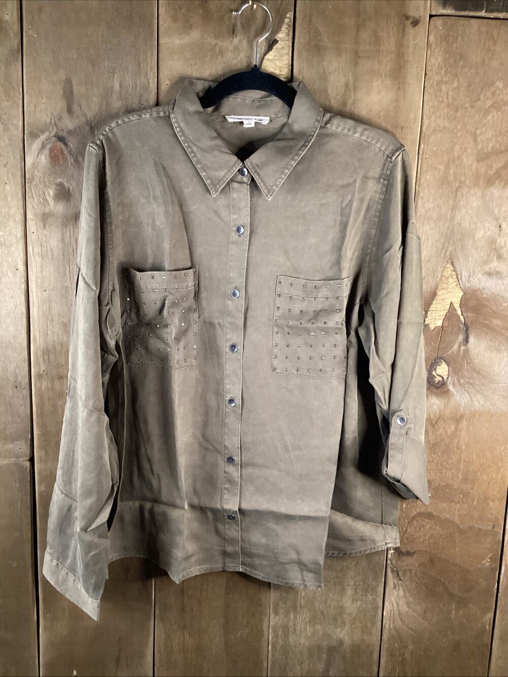 Indigo Thread Company Long Sleeve Button Up Army Green Studded Size XL